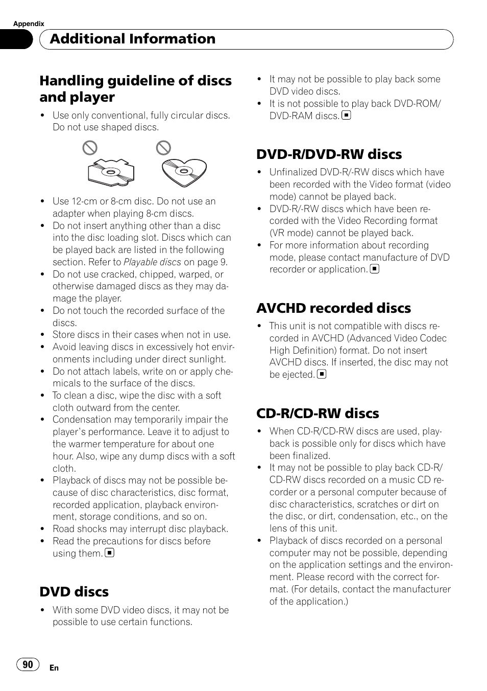 Handling guideline of discs and player, Dvd discs, Dvd-r/dvd-rw discs | Avchd recorded discs, Cd-r/cd-rw discs, Additional information | Pioneer SUPERTUNER 3 AVH-P5100DVD User Manual | Page 90 / 104