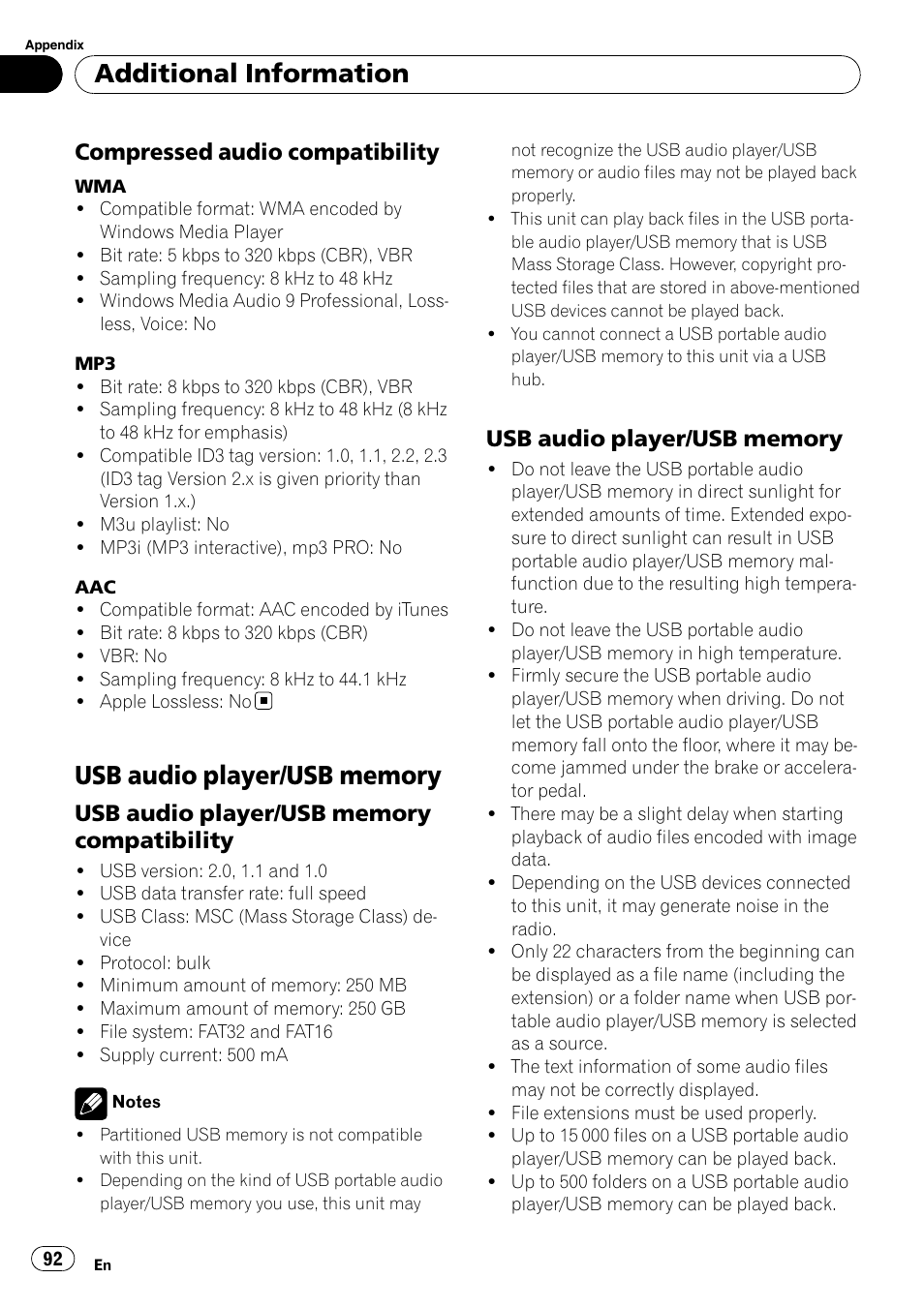 Compressed audio compatibility 92, Usb audio player/usb memory, Compatibility | Usb audio player/usb memory 92, Additional information, Compressed audio compatibility | Pioneer SUPERTUNER 3 AVH-P5100DVD User Manual | Page 92 / 104