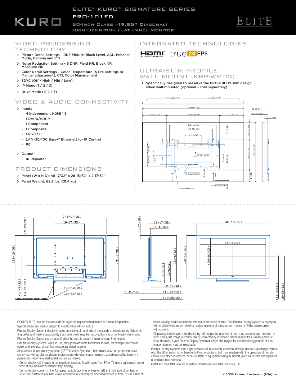 Ultra-slim profile wall mount (krp-wm02), Video & audio connectivity, Product dimensions | Elite, Kuro, Signature series pro-101fd | Pioneer Kuro PRO-101FD User Manual | Page 2 / 2