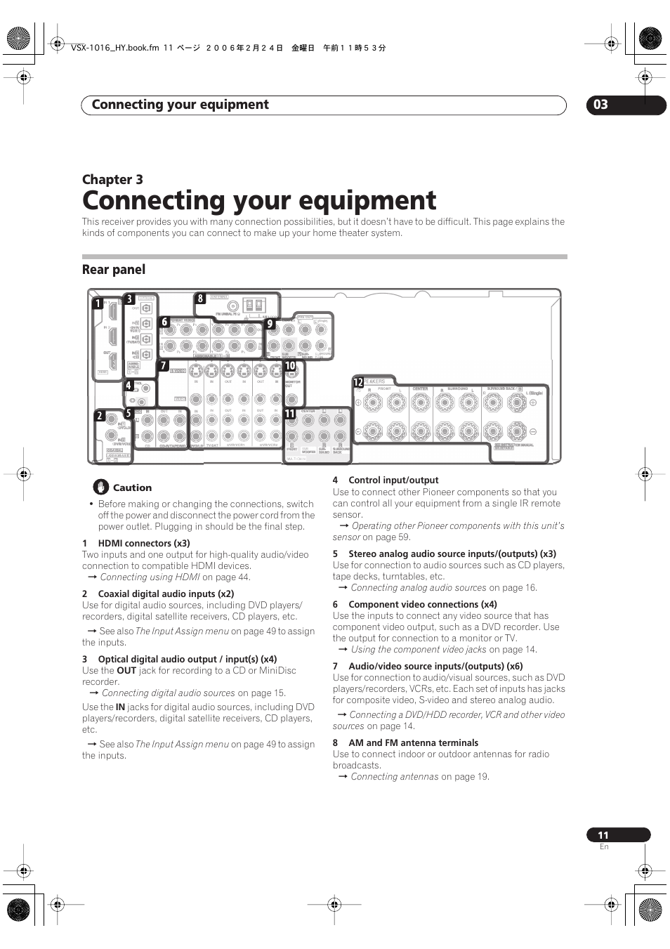 03 connecting your equipment, Rear panel, Connecting your equipment | Connecting your equipment 03, Chapter 3 | Pioneer VSX-1016V-K User Manual | Page 11 / 72