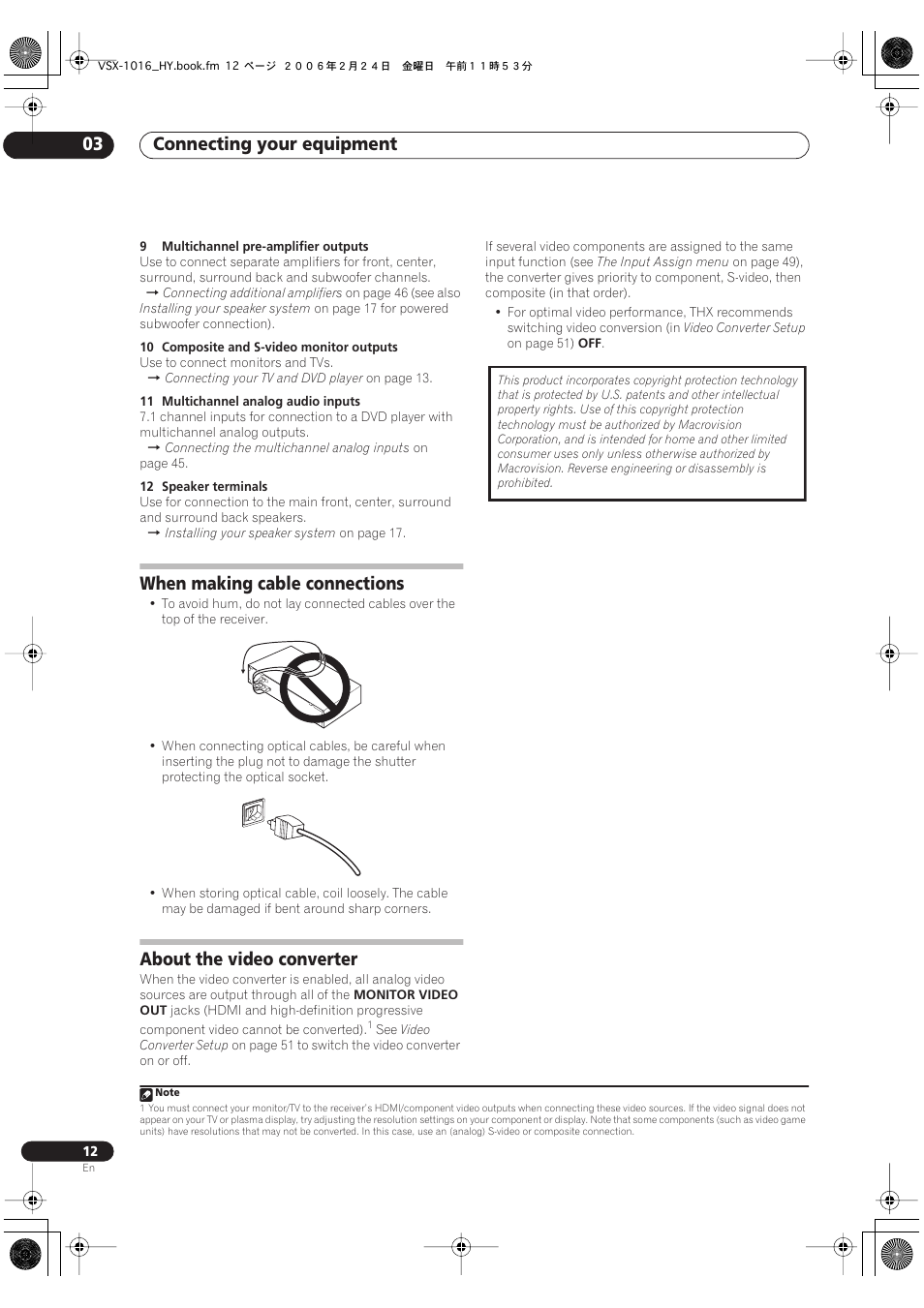 Connecting your equipment 03, When making cable connections, About the video converter | Pioneer VSX-1016V-K User Manual | Page 12 / 72