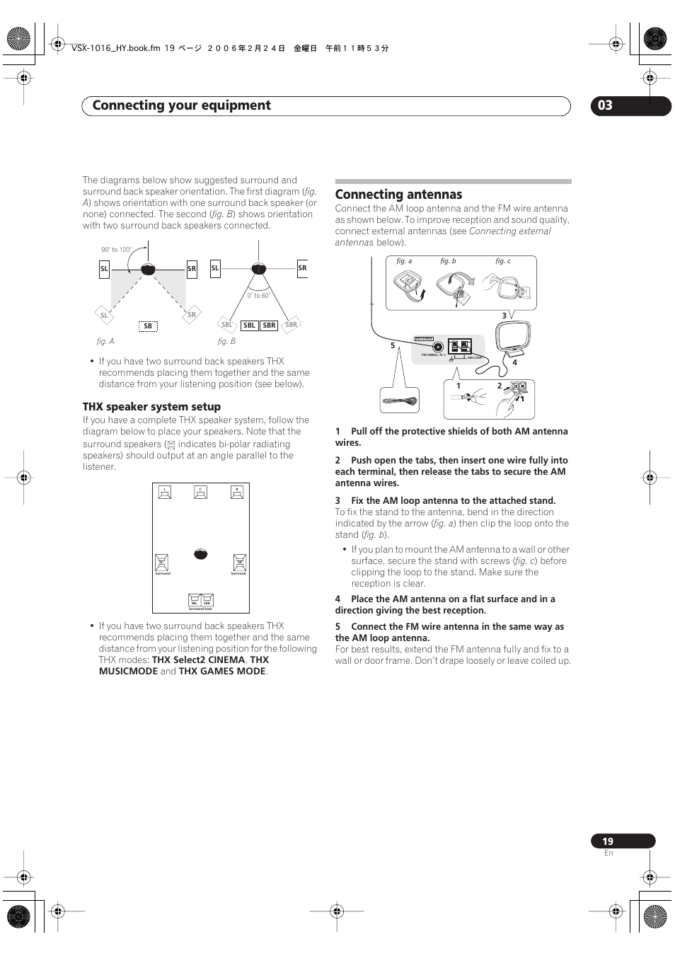 Thx speaker system setup, Connecting antennas, Connecting your equipment 03 | Pioneer VSX-1016V-K User Manual | Page 19 / 72