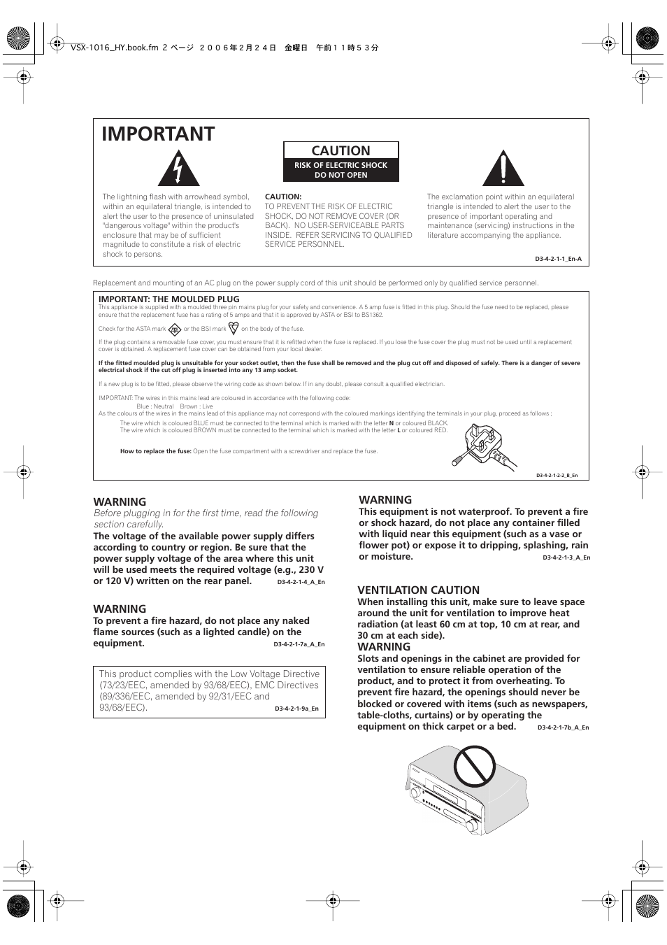 Important, Caution, Warning | Ventilation caution | Pioneer VSX-1016V-K User Manual | Page 2 / 72