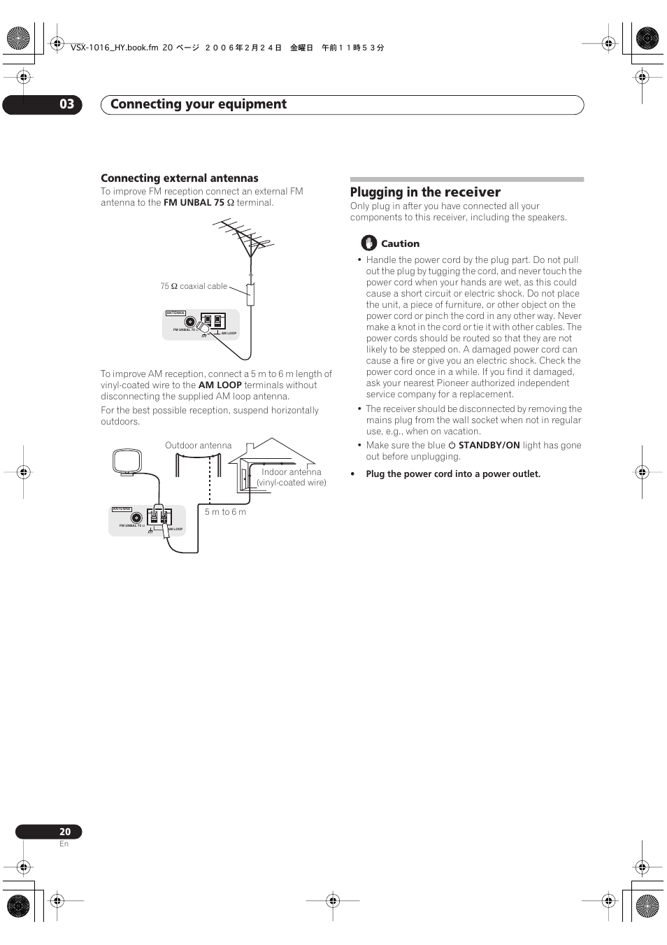 Connecting external antennas, Plugging in the receiver, Connecting your equipment 03 | Pioneer VSX-1016V-K User Manual | Page 20 / 72