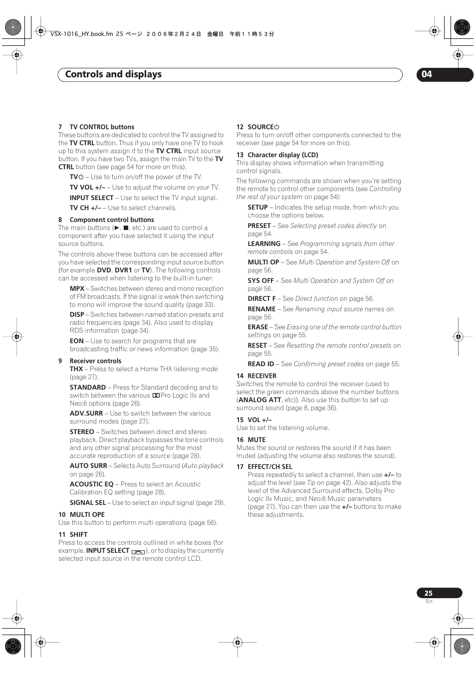 Controls and displays 04 | Pioneer VSX-1016V-K User Manual | Page 25 / 72
