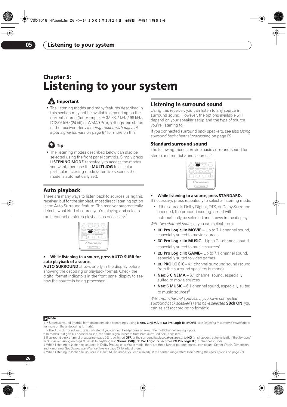 05 listening to your system, Auto playback listening in surround sound, Standard surround sound | Listening to your system, Listening to your system 05, Chapter 5, Auto playback, Listening in surround sound | Pioneer VSX-1016V-K User Manual | Page 26 / 72
