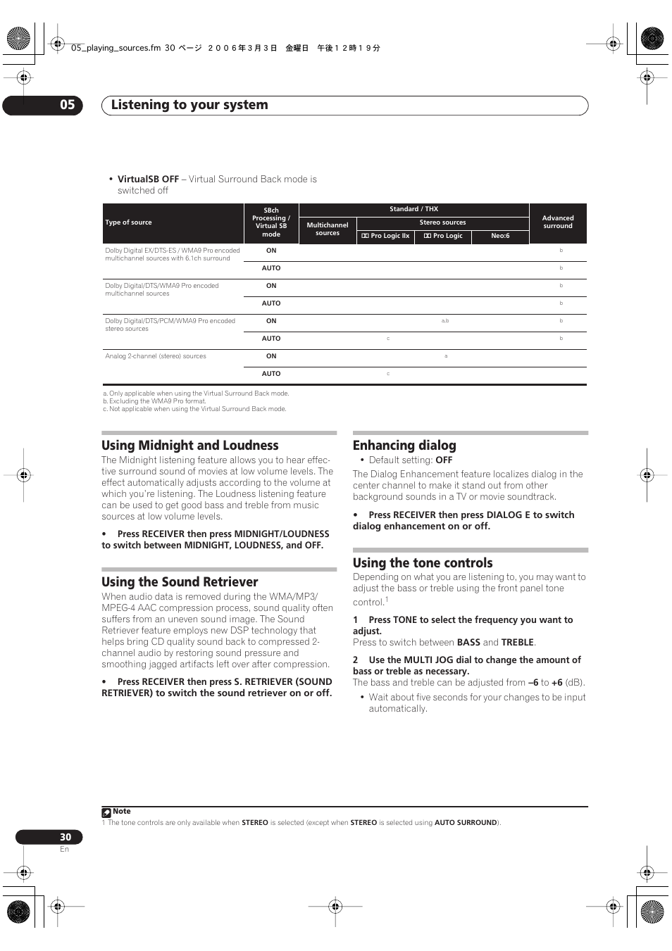 Listening to your system 05, Using midnight and loudness, Using the sound retriever | Enhancing dialog, Using the tone controls | Pioneer VSX-1016V-K User Manual | Page 30 / 72