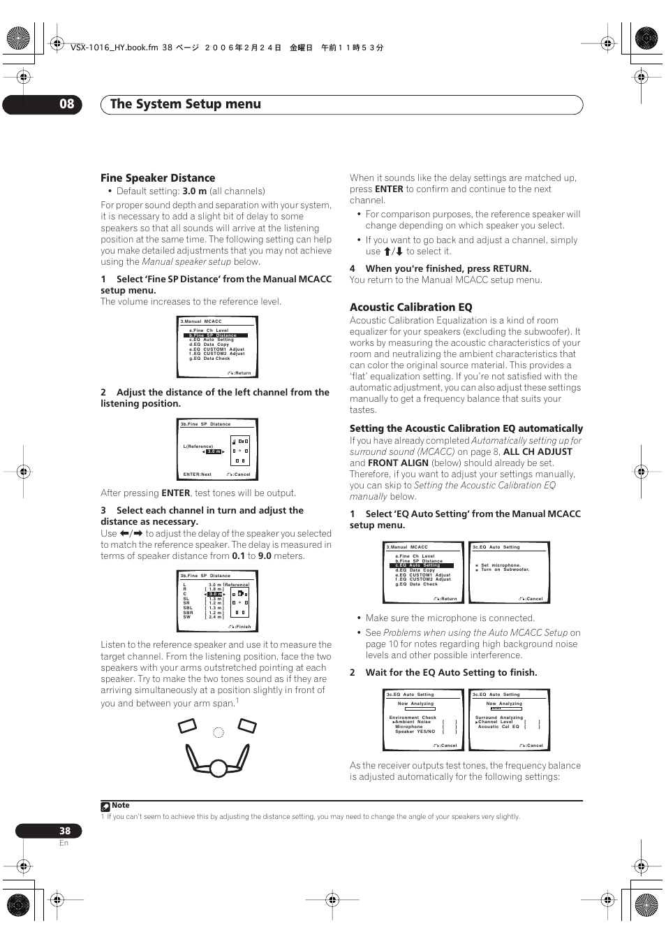 Fine speaker distance acoustic calibration eq, The system setup menu 08, Fine speaker distance | Acoustic calibration eq | Pioneer VSX-1016V-K User Manual | Page 38 / 72