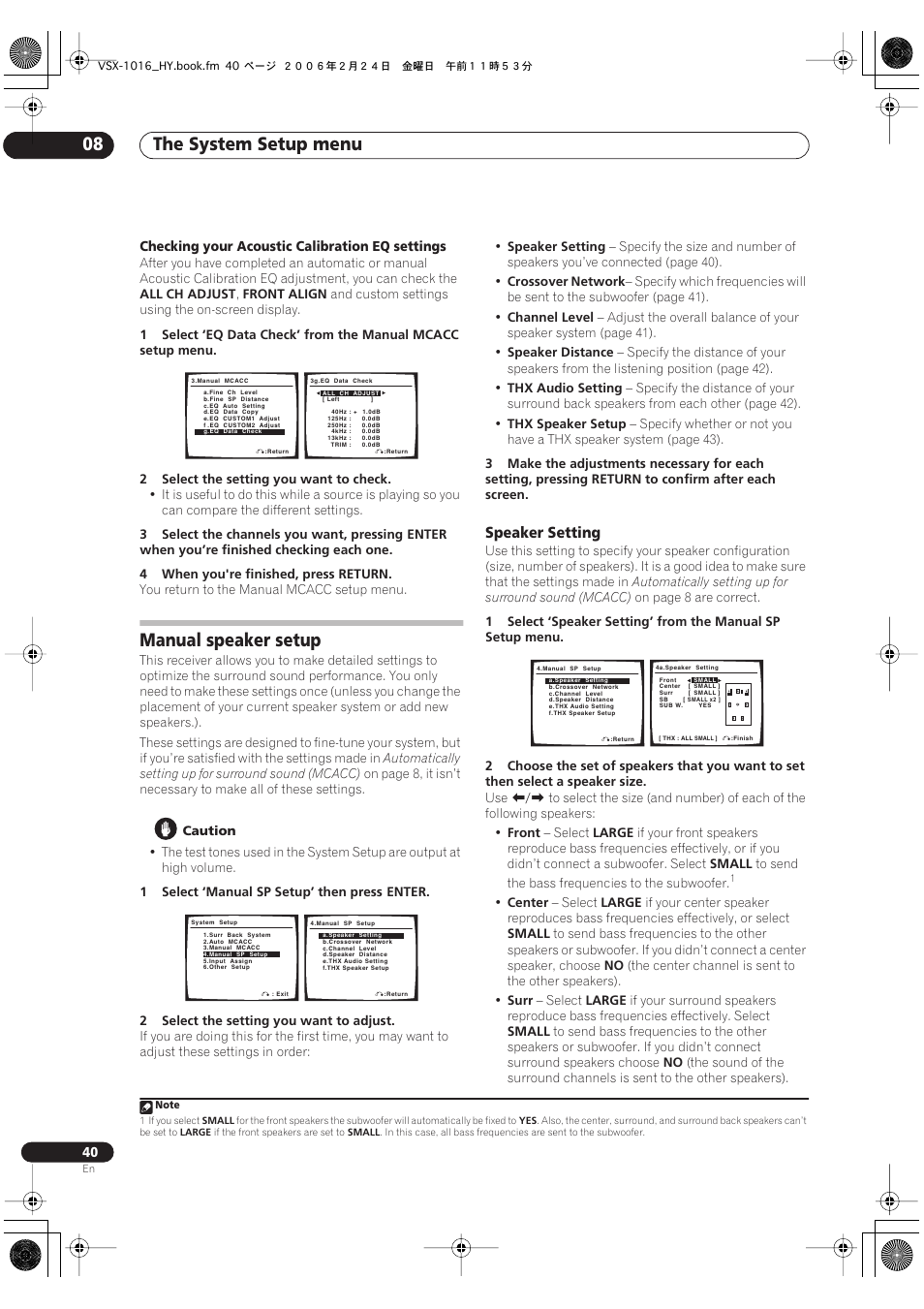 Manual speaker setup, Speaker setting, The system setup menu 08 | Pioneer VSX-1016V-K User Manual | Page 40 / 72