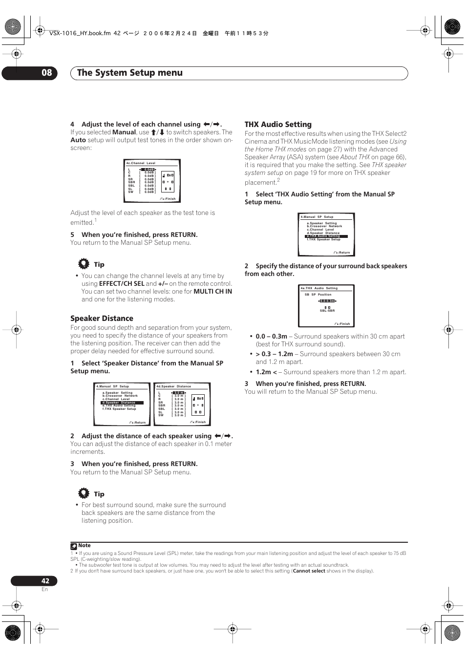 Speaker distance thx audio setting, The system setup menu 08, Speaker distance | Thx audio setting | Pioneer VSX-1016V-K User Manual | Page 42 / 72