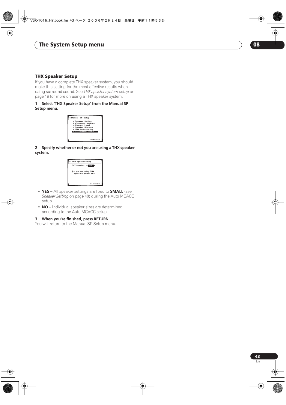 Thx speaker setup, The system setup menu 08 | Pioneer VSX-1016V-K User Manual | Page 43 / 72