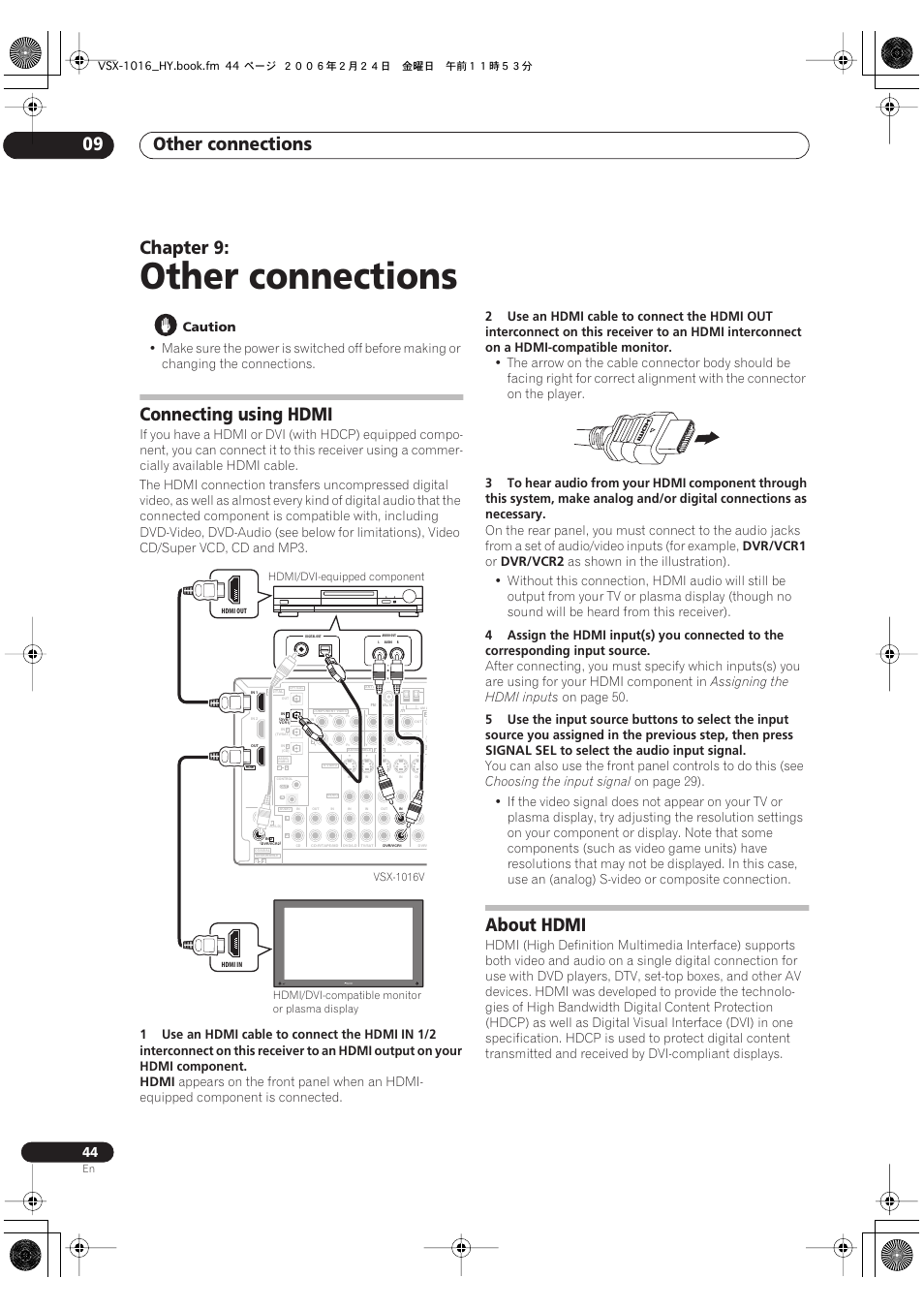 09 other connections, Connecting using hdmi about hdmi, Other connections | Other connections 09, Chapter 9, Connecting using hdmi, About hdmi, Caution, Hdmi, Dvr/vcr1 | Pioneer VSX-1016V-K User Manual | Page 44 / 72