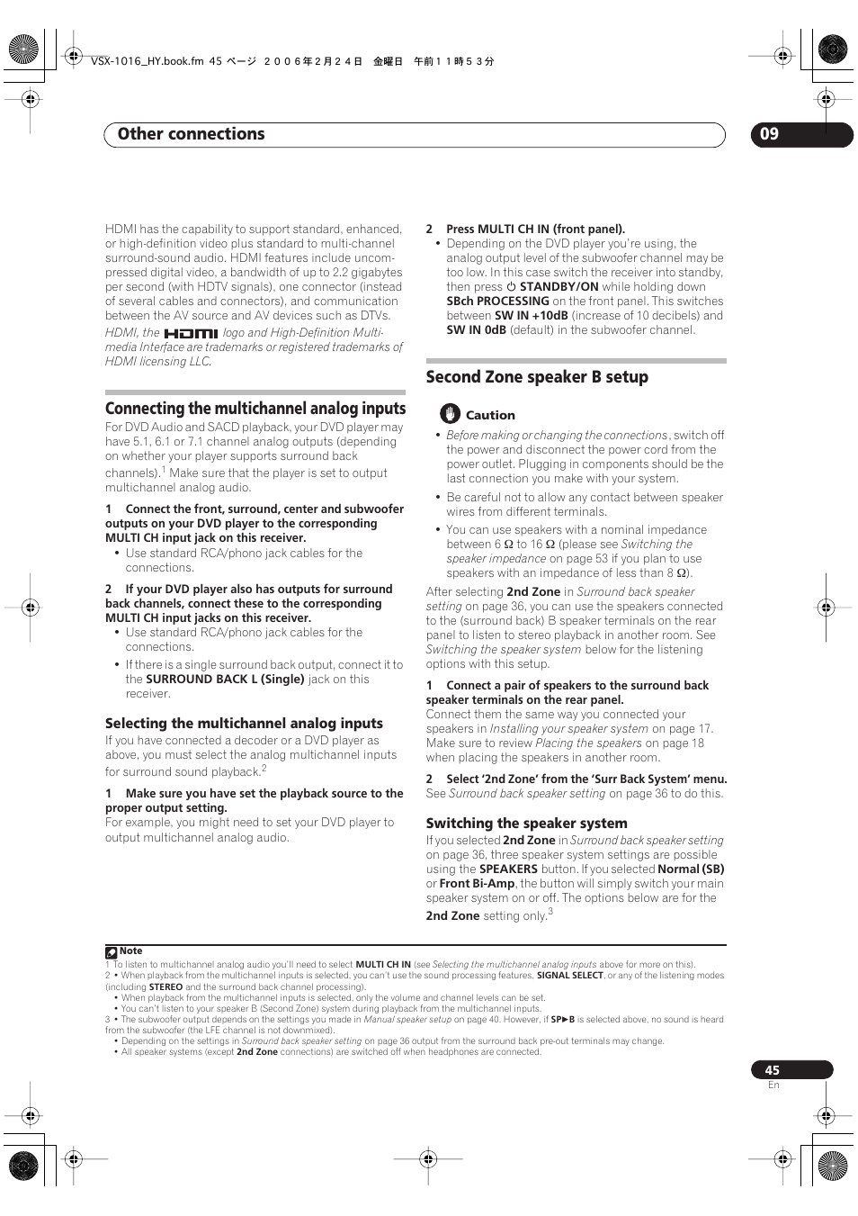 Connecting the multichannel analog inputs, Selecting the multichannel analog inputs, Second zone speaker b setup | Switching the speaker system, Other connections 09 | Pioneer VSX-1016V-K User Manual | Page 45 / 72