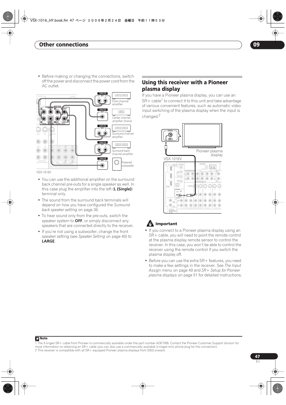 Using this receiver with a pioneer plasma display, Other connections 09, L (single) | Surround back speaker setting, Speaker setting, On page 40) to, Large, Important, The input assign menu, On page 49 and | Pioneer VSX-1016V-K User Manual | Page 47 / 72