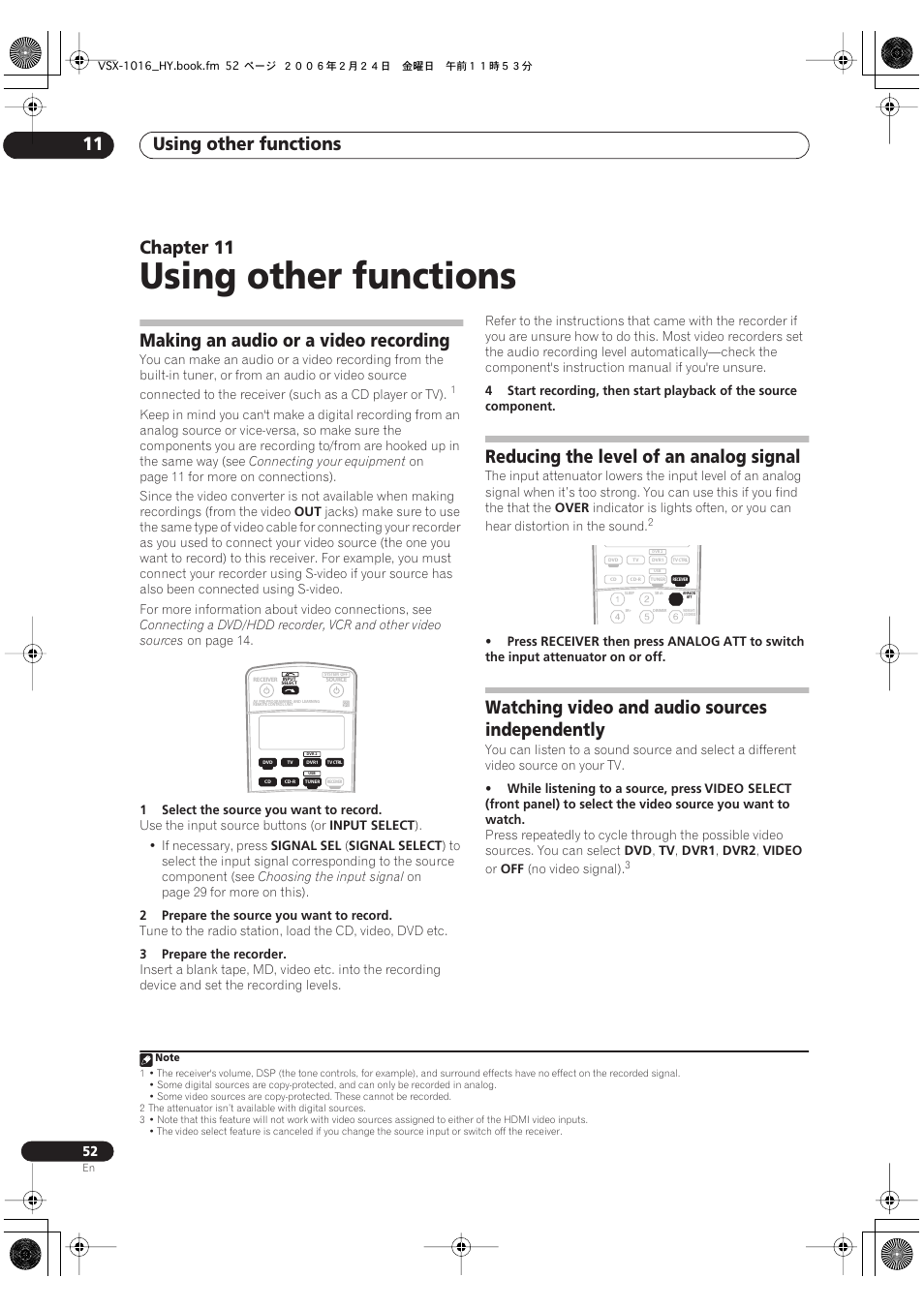 11 using other functions, Using other functions, Using other functions 11 | Chapter 11, Making an audio or a video recording, Reducing the level of an analog signal, Watching video and audio sources independently | Pioneer VSX-1016V-K User Manual | Page 52 / 72