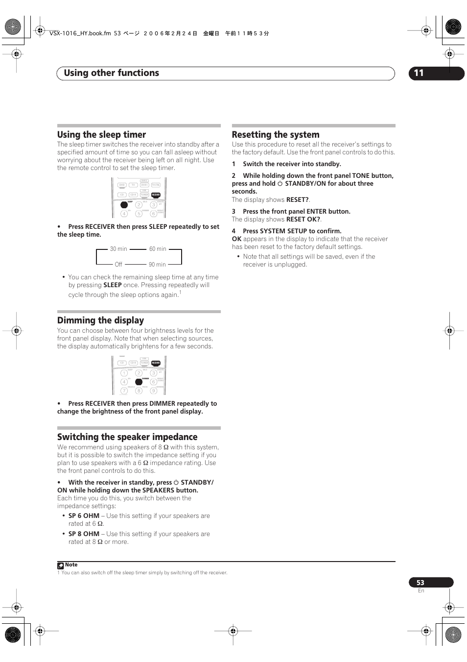 Using other functions 11, Using the sleep timer, Dimming the display | Switching the speaker impedance, Resetting the system | Pioneer VSX-1016V-K User Manual | Page 53 / 72
