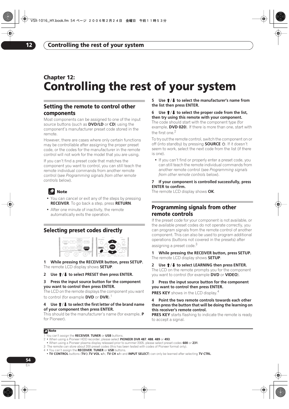 12 controlling the rest of your system, Controlling the rest of your system, Controlling the rest of your system 12 | Chapter 12, Setting the remote to control other components, Selecting preset codes directly, Programming signals from other remote controls | Pioneer VSX-1016V-K User Manual | Page 54 / 72