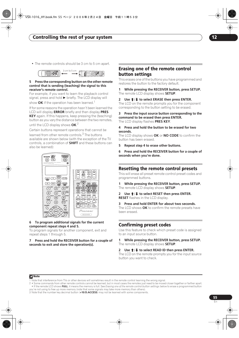 Controlling the rest of your system 12, Erasing one of the remote control button settings, Resetting the remote control presets | Confirming preset codes | Pioneer VSX-1016V-K User Manual | Page 55 / 72