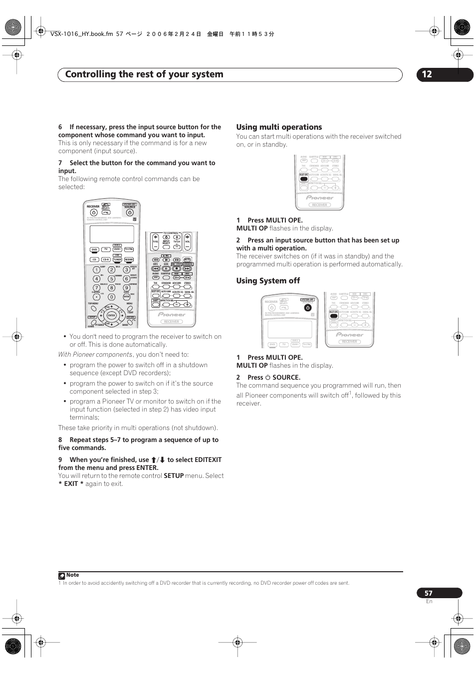 Using multi operations using system off, Controlling the rest of your system 12, Using multi operations | Using system off, With pioneer components, Enter, You will return to the remote control, Setup, Menu. select, Exit | Pioneer VSX-1016V-K User Manual | Page 57 / 72