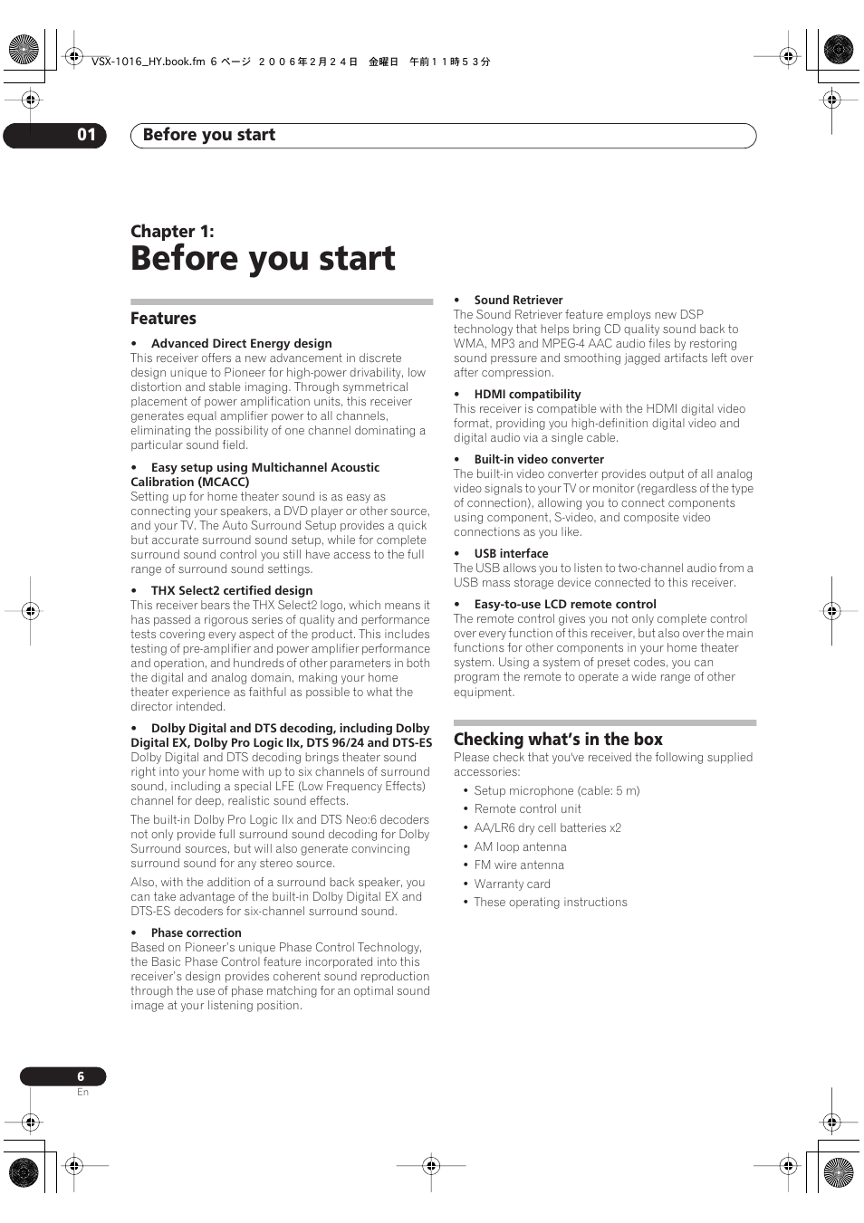 01 before you start, Features checking what’s in the box, Before you start | Before you start 01, Chapter 1, Features, Checking what’s in the box | Pioneer VSX-1016V-K User Manual | Page 6 / 72