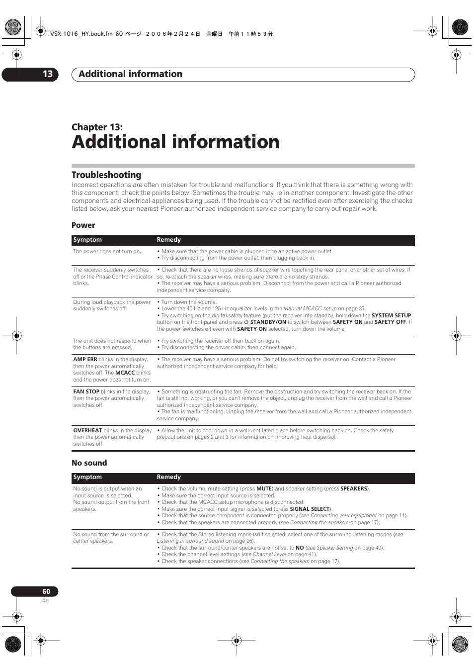 13 additional information, Troubleshooting, Power no sound | Additional information, Additional information 13, Chapter 13 | Pioneer VSX-1016V-K User Manual | Page 60 / 72