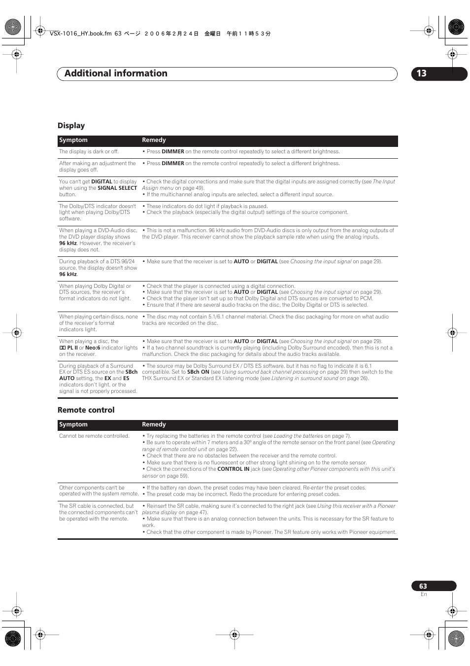 Display remote control, Additional information 13 | Pioneer VSX-1016V-K User Manual | Page 63 / 72