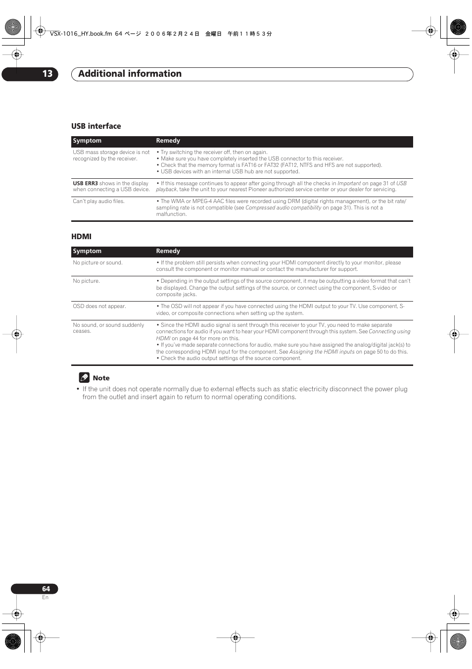 Usb interface hdmi, Additional information 13 | Pioneer VSX-1016V-K User Manual | Page 64 / 72