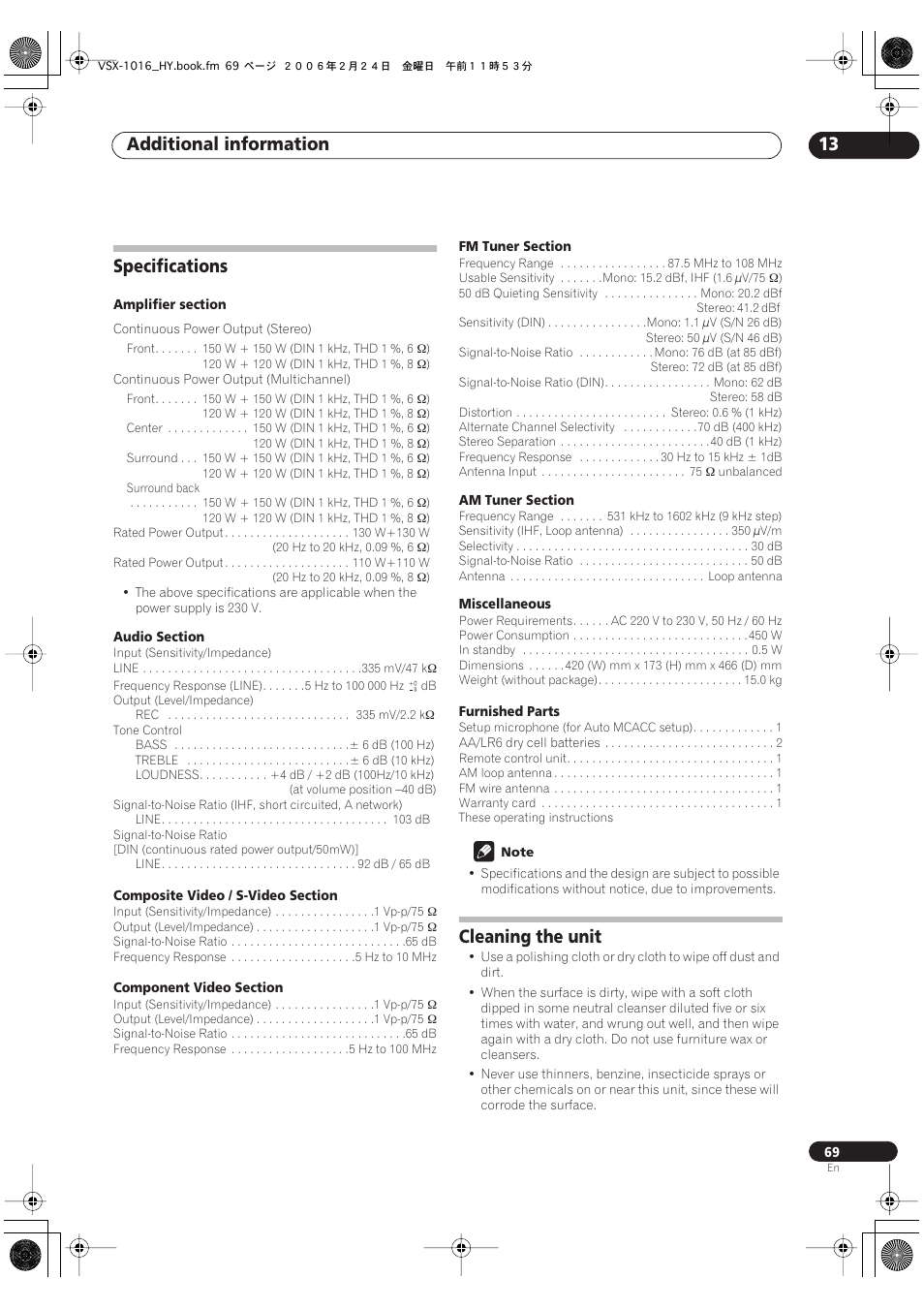 Specifications cleaning the unit, Additional information 13, Specifications | Cleaning the unit | Pioneer VSX-1016V-K User Manual | Page 69 / 72