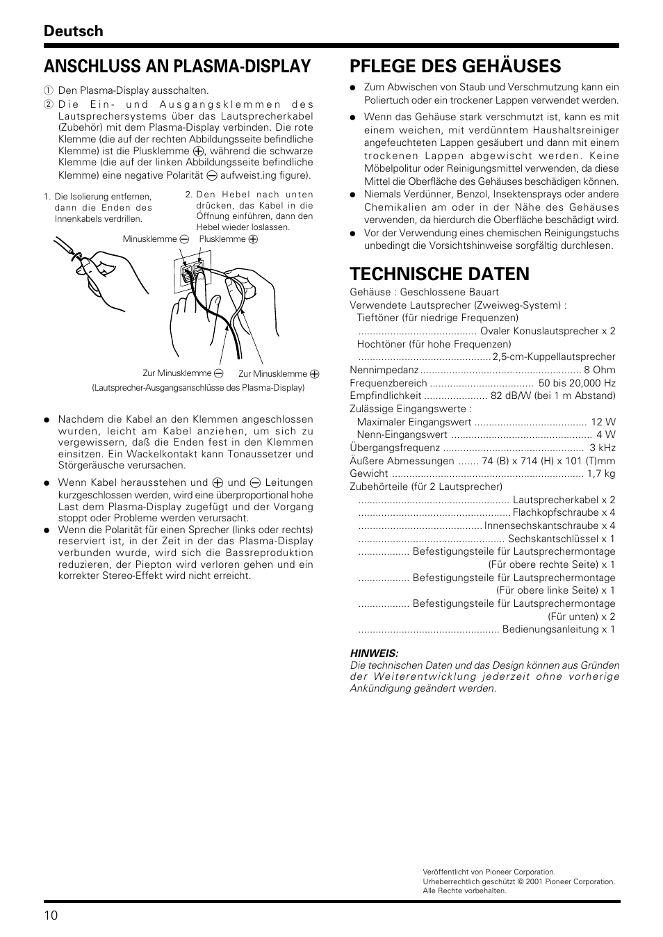 Technische daten, Anschluss an plasma-display pflege des gehäuses, Deutsch | Pioneer PDP-S06-LR User Manual | Page 10 / 20