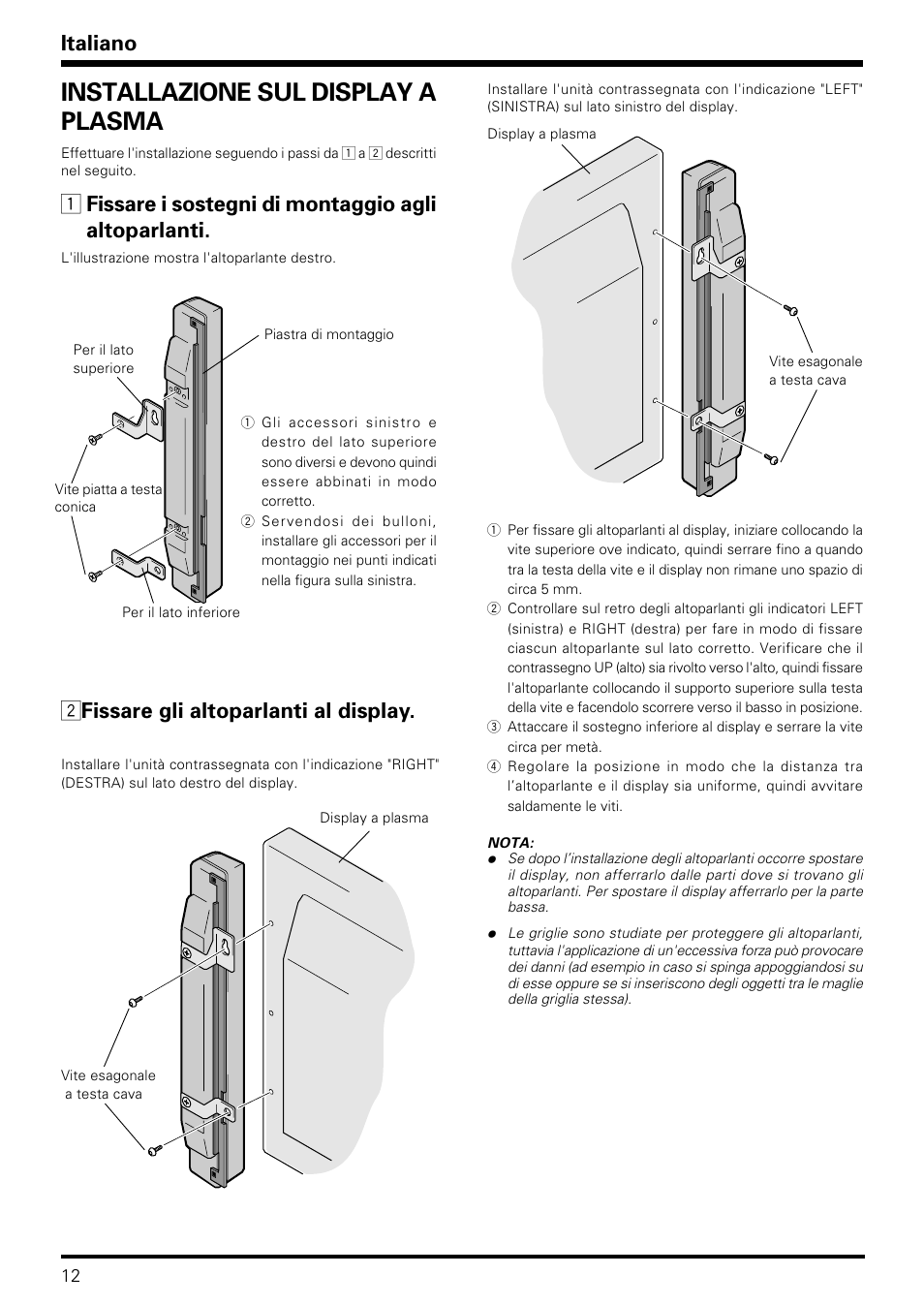 Installazione sul display a plasma, Italiano, 2 fissare gli altoparlanti al display | Pioneer PDP-S06-LR User Manual | Page 12 / 20