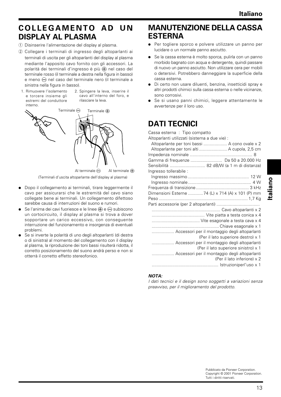 Dati tecnici, Italiano, Italiano deutsch | Pioneer PDP-S06-LR User Manual | Page 13 / 20