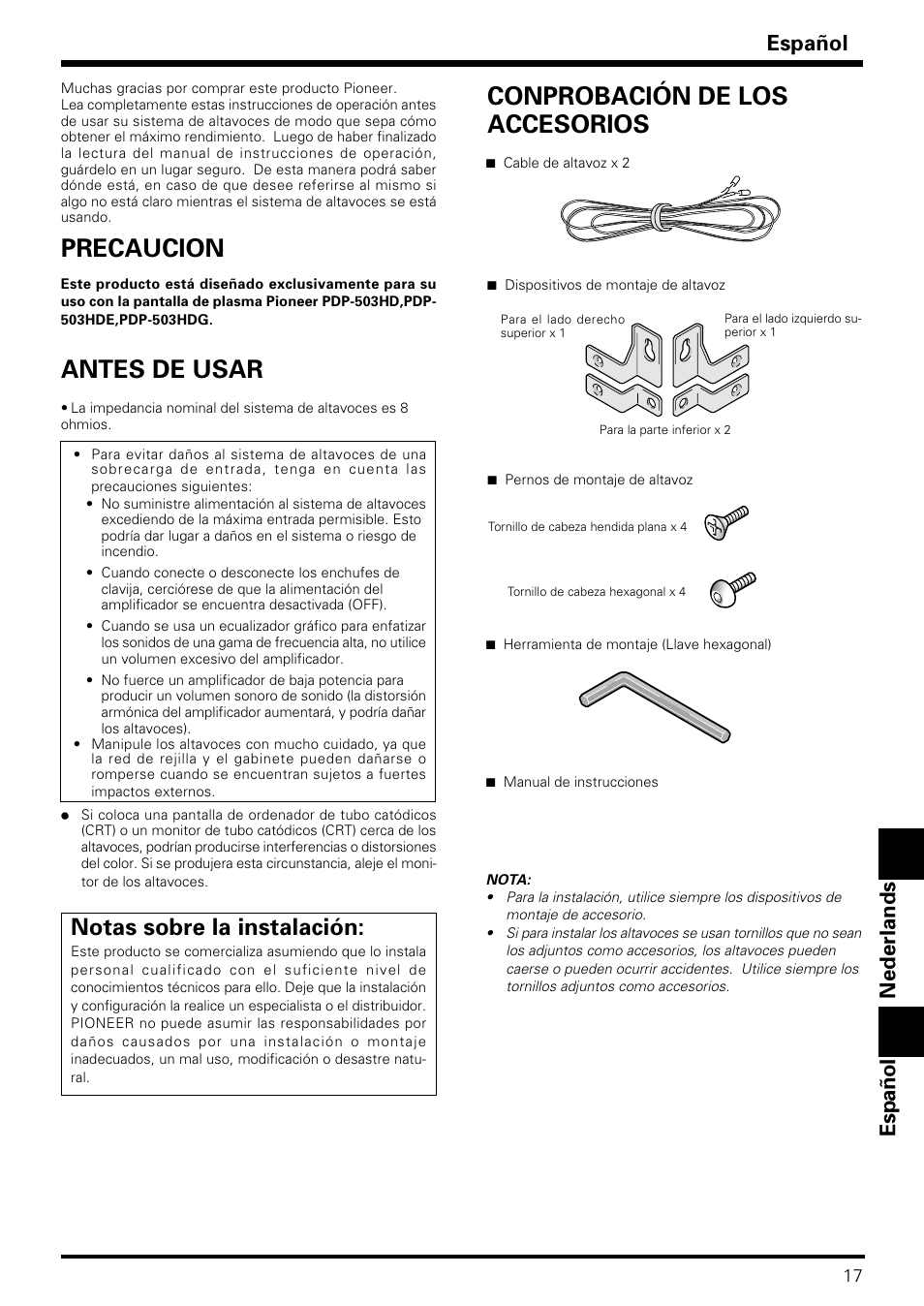 Conprobación de los accesorios, Precaucion, Antes de usar | Notas sobre la instalación, Español, Nederlands | Pioneer PDP-S06-LR User Manual | Page 17 / 20