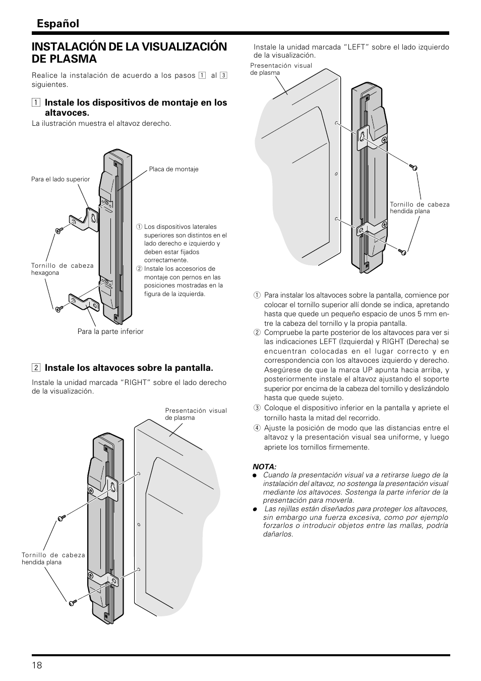 Instalación de la visualización de plasma, Español, 2 instale los altavoces sobre la pantalla | Pioneer PDP-S06-LR User Manual | Page 18 / 20