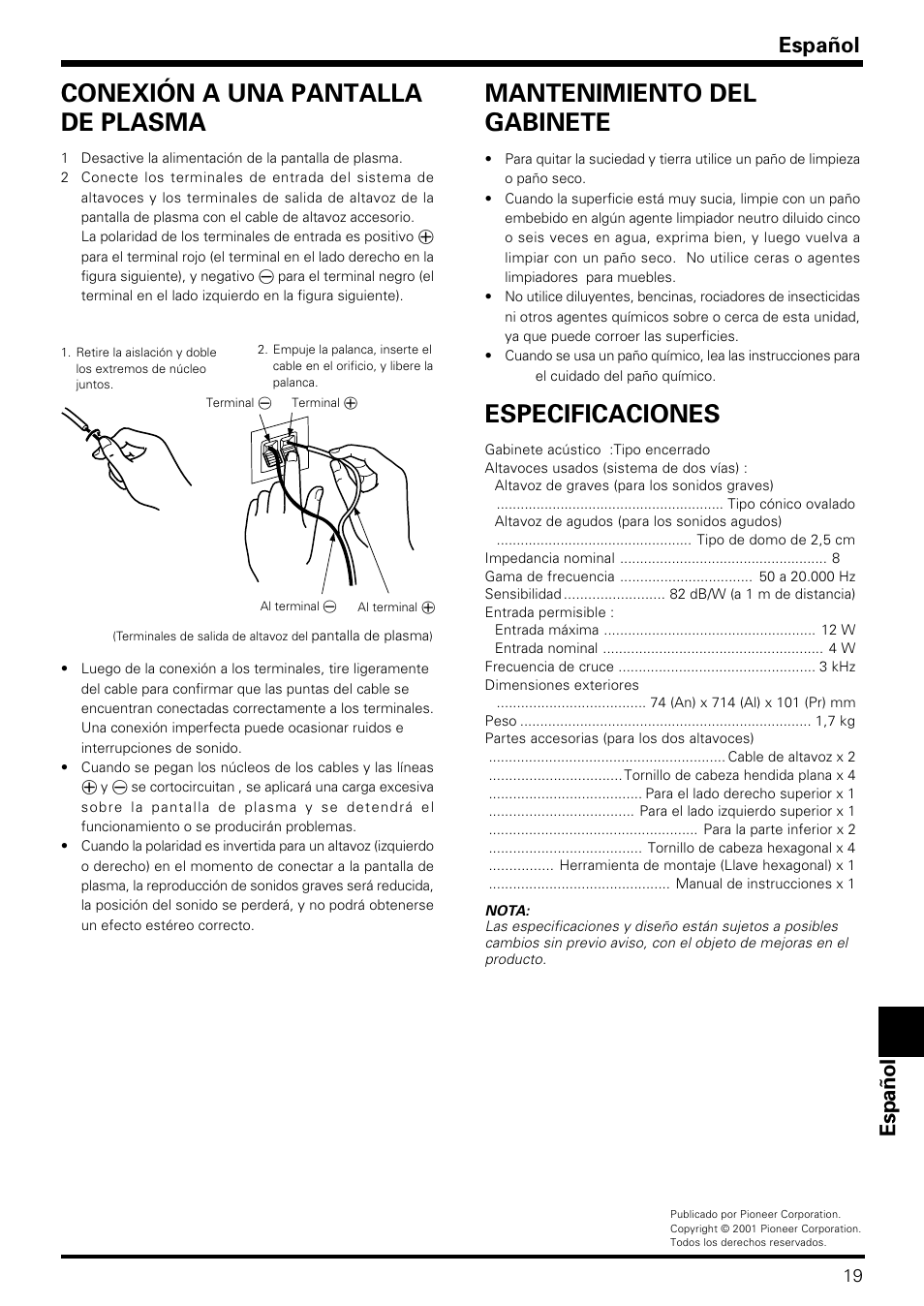Mantenimiento del gabinete, Especificaciones, Conexión a una pantalla de plasma | Espa ñ ol, Español | Pioneer PDP-S06-LR User Manual | Page 19 / 20