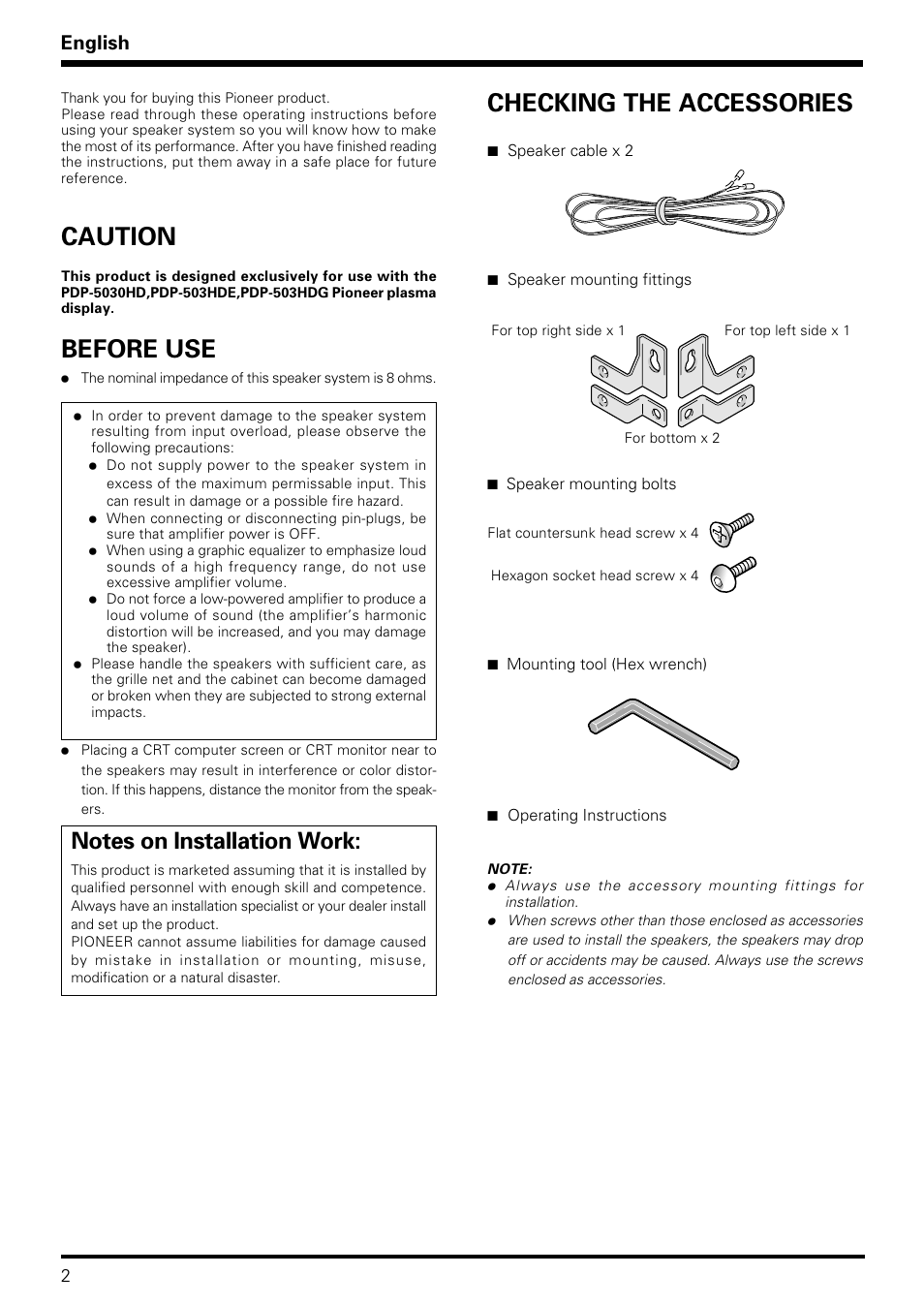 Checking the accessories, Before use, Caution | English | Pioneer PDP-S06-LR User Manual | Page 2 / 20