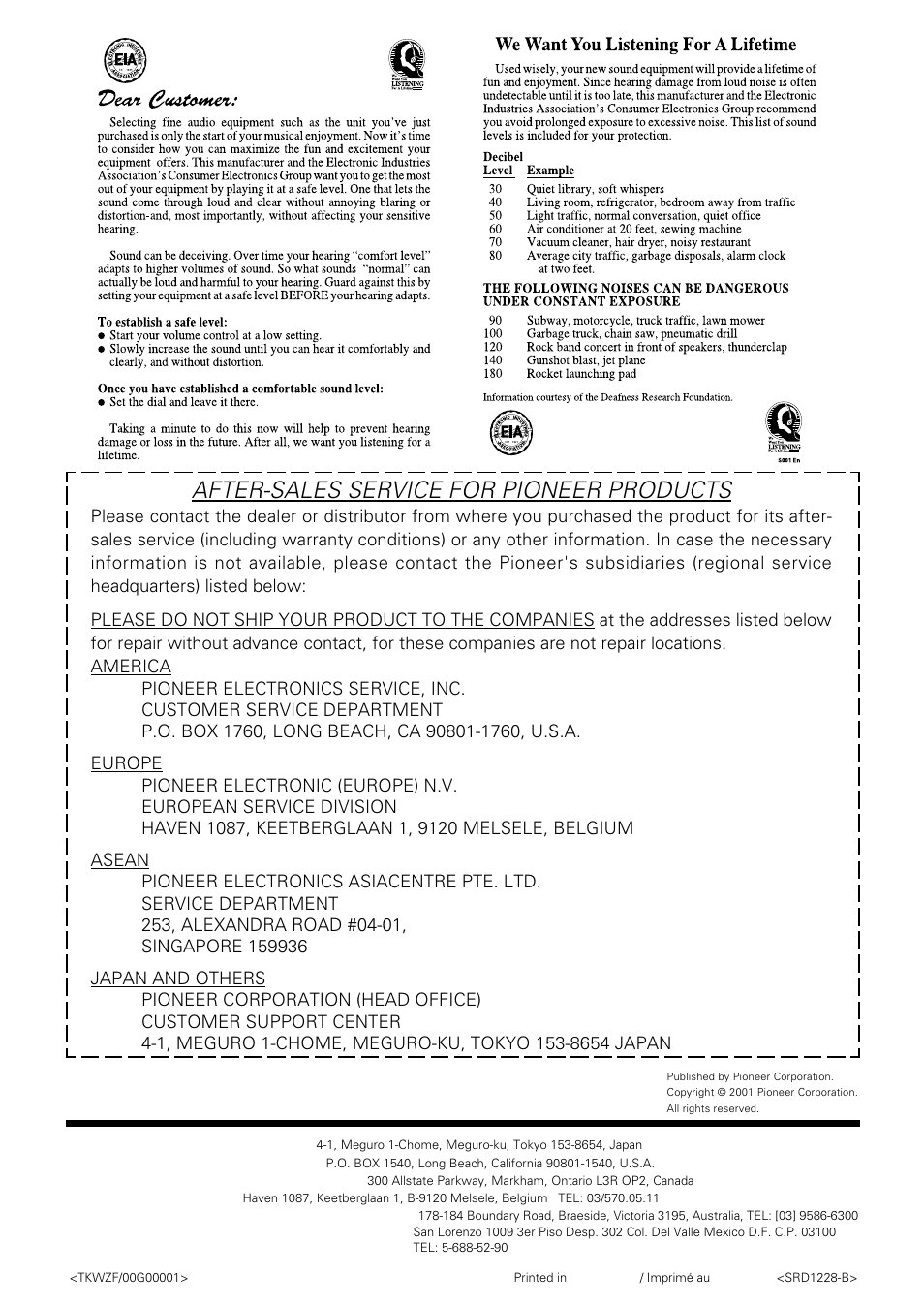 After-sales service for pioneer products, Pioneer corporation | Pioneer PDP-S06-LR User Manual | Page 20 / 20