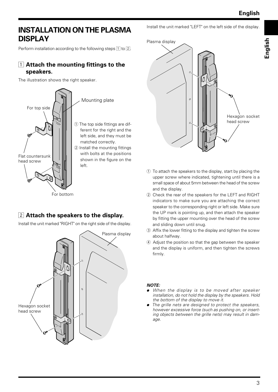 Installation on the plasma display, English, 1 attach the mounting fittings to the speakers | 2 attach the speakers to the display | Pioneer PDP-S06-LR User Manual | Page 3 / 20