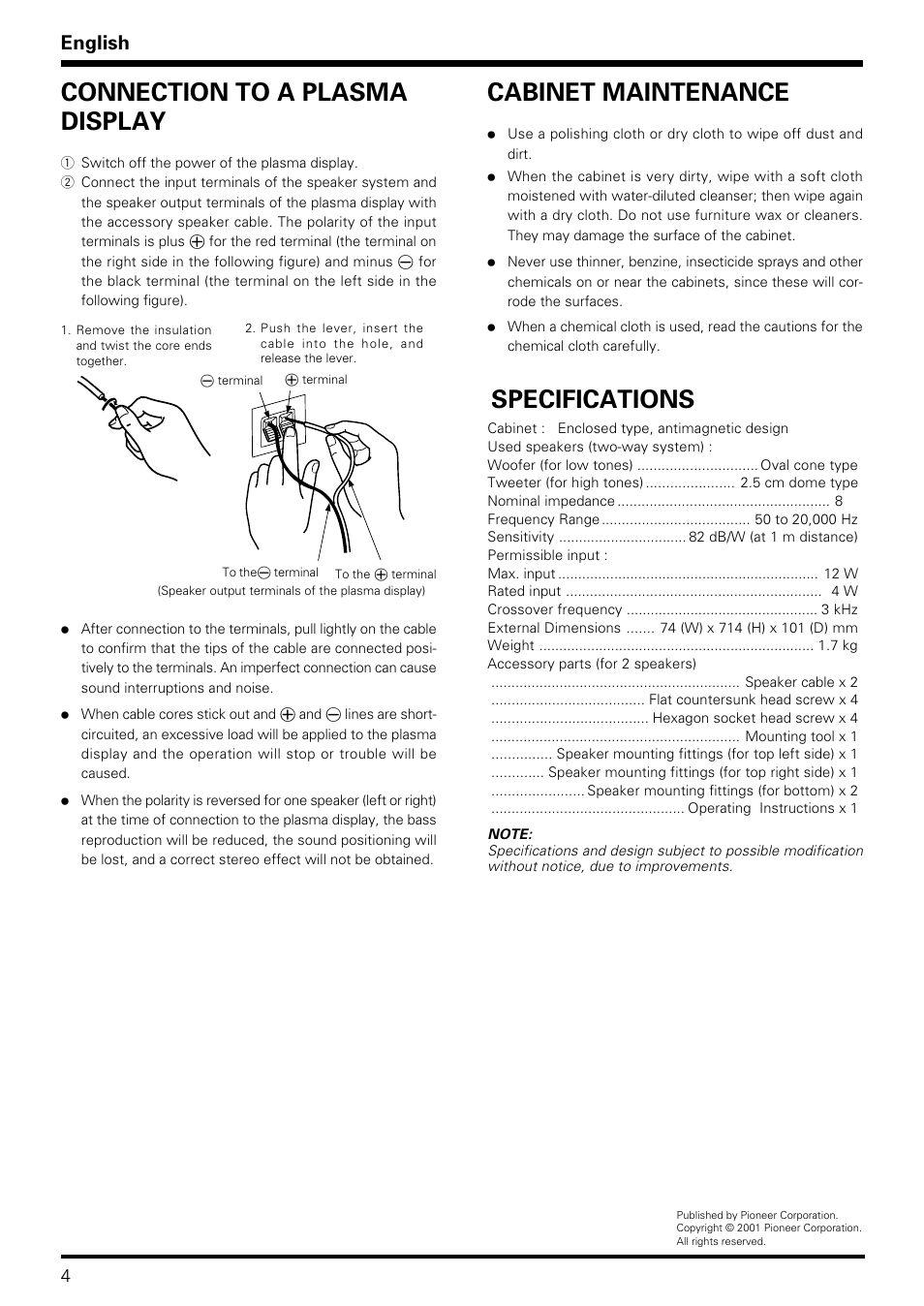 Cabinet maintenance, Specifications connection to a plasma display, English | Pioneer PDP-S06-LR User Manual | Page 4 / 20