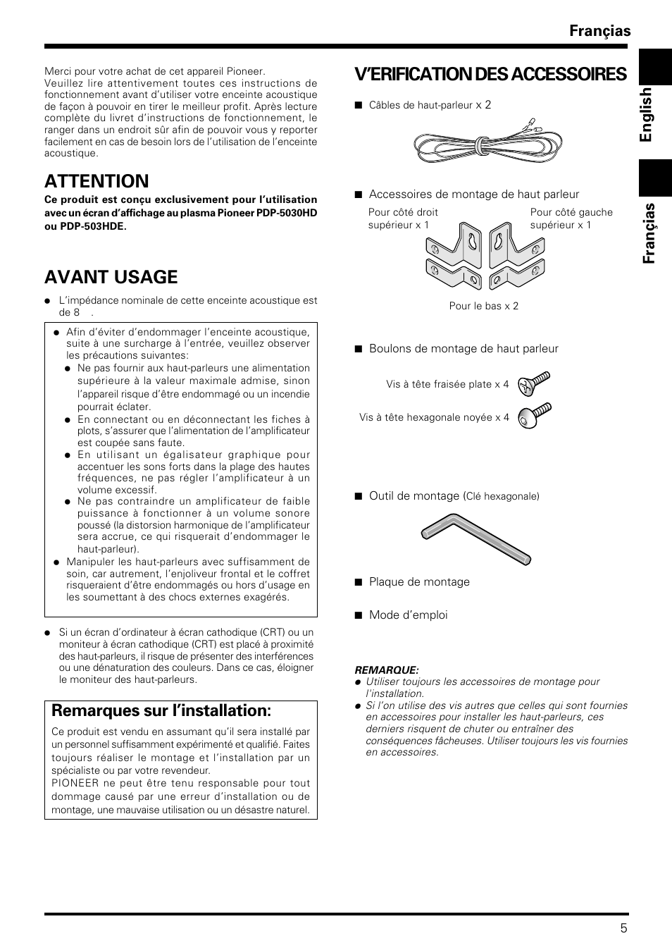 Avant usage, Attention, V’erification des accessoires | Remarques sur l’installation, Françias, Françias english | Pioneer PDP-S06-LR User Manual | Page 5 / 20