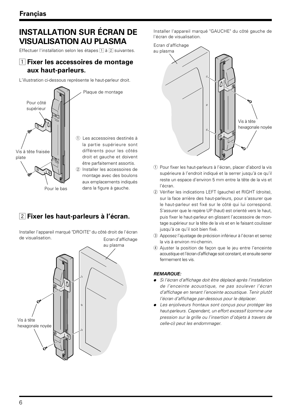Installation sur écran de visualisation au plasma, Françias, 2 fixer les haut-parleurs à l’écran | Pioneer PDP-S06-LR User Manual | Page 6 / 20