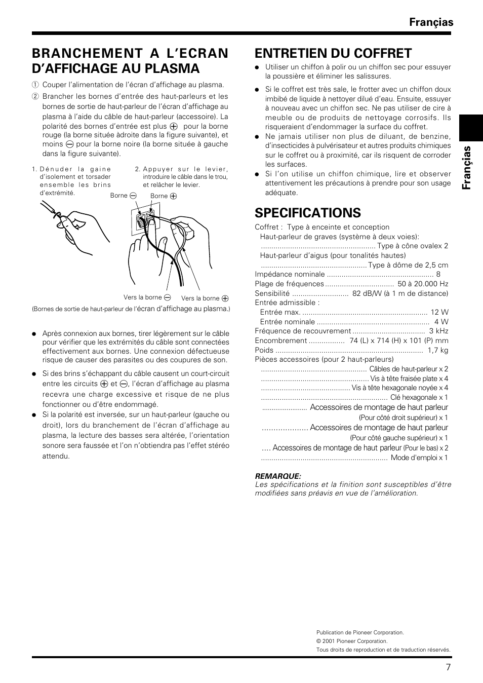 Entretien du coffret specifications, Branchement a l’ecran d’affichage au plasma, Françias fran ç ias english | Pioneer PDP-S06-LR User Manual | Page 7 / 20