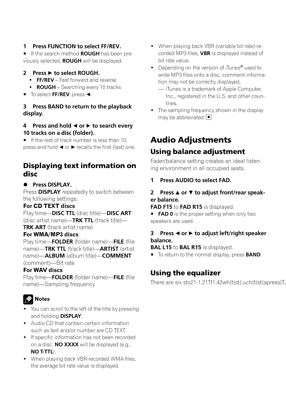 Displaying text information on disc 12, Audio adjustments, Using balance adjustment 12 | Using the equalizer 12, Displaying text information on disc, Using balance adjustment, Using the equalizer | Pioneer DEH-3900MP DE User Manual | Page 12 / 60