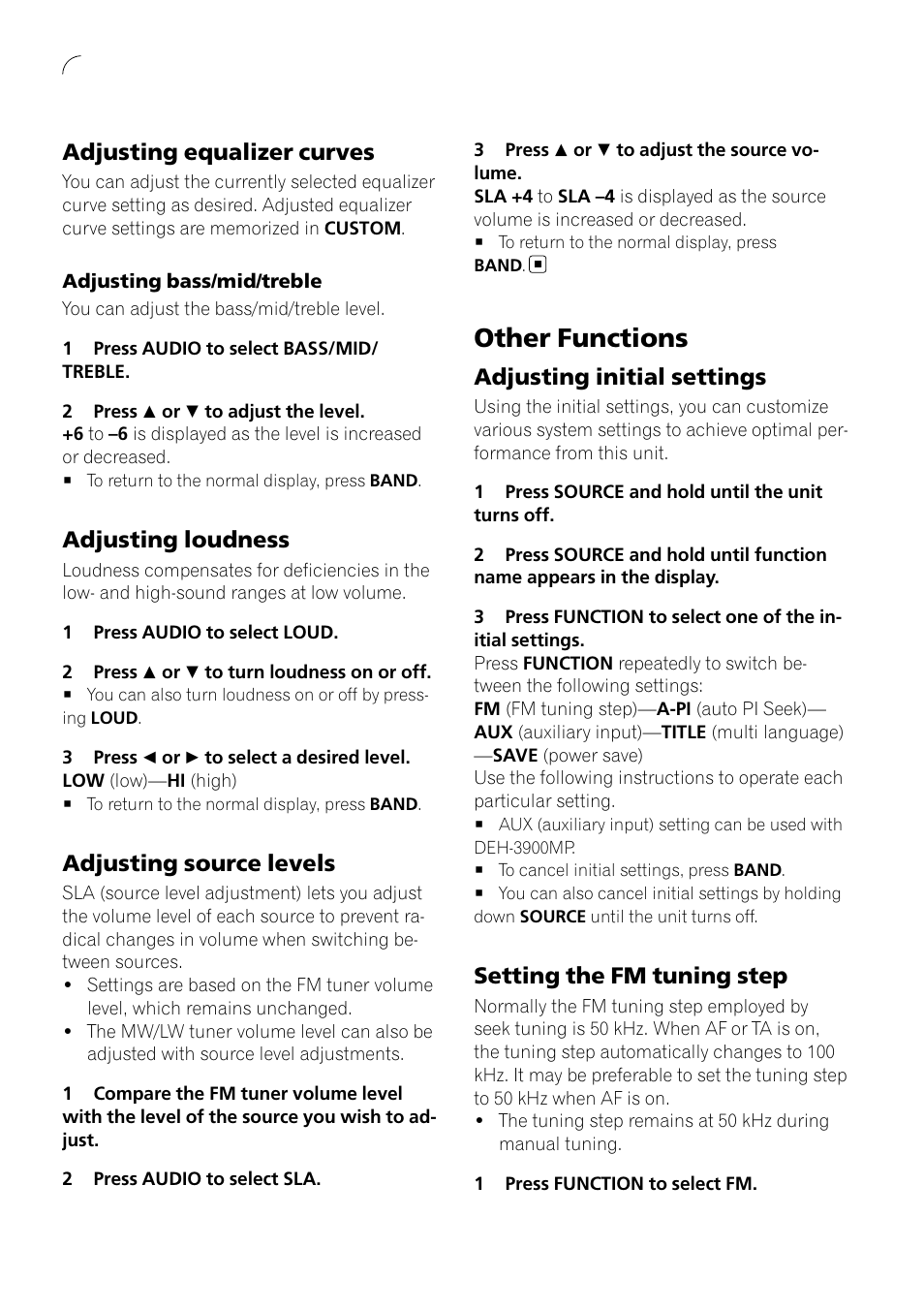 Adjusting equalizer curves 13, Adjusting loudness 13, Adjusting source levels 13 | Other functions, Adjusting initial settings 13, Setting the fm tuning step 13, Adjusting equalizer curves, Adjusting loudness, Adjusting source levels, Adjusting initial settings | Pioneer DEH-3900MP DE User Manual | Page 13 / 60