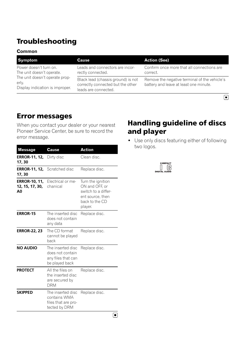 Additional information troubleshooting, Error messages, Handling guideline of discs and player | Troubleshooting | Pioneer DEH-3900MP DE User Manual | Page 15 / 60