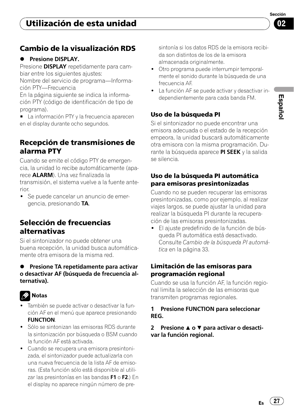 Cambio de la visualización rds 27, Recepción de transmisiones de alarma, Selección de frecuencias | Alternativas, Utilización de esta unidad, Cambio de la visualización rds, Recepción de transmisiones de alarma pty, Selección de frecuencias alternativas | Pioneer DEH-3900MP DE User Manual | Page 27 / 60