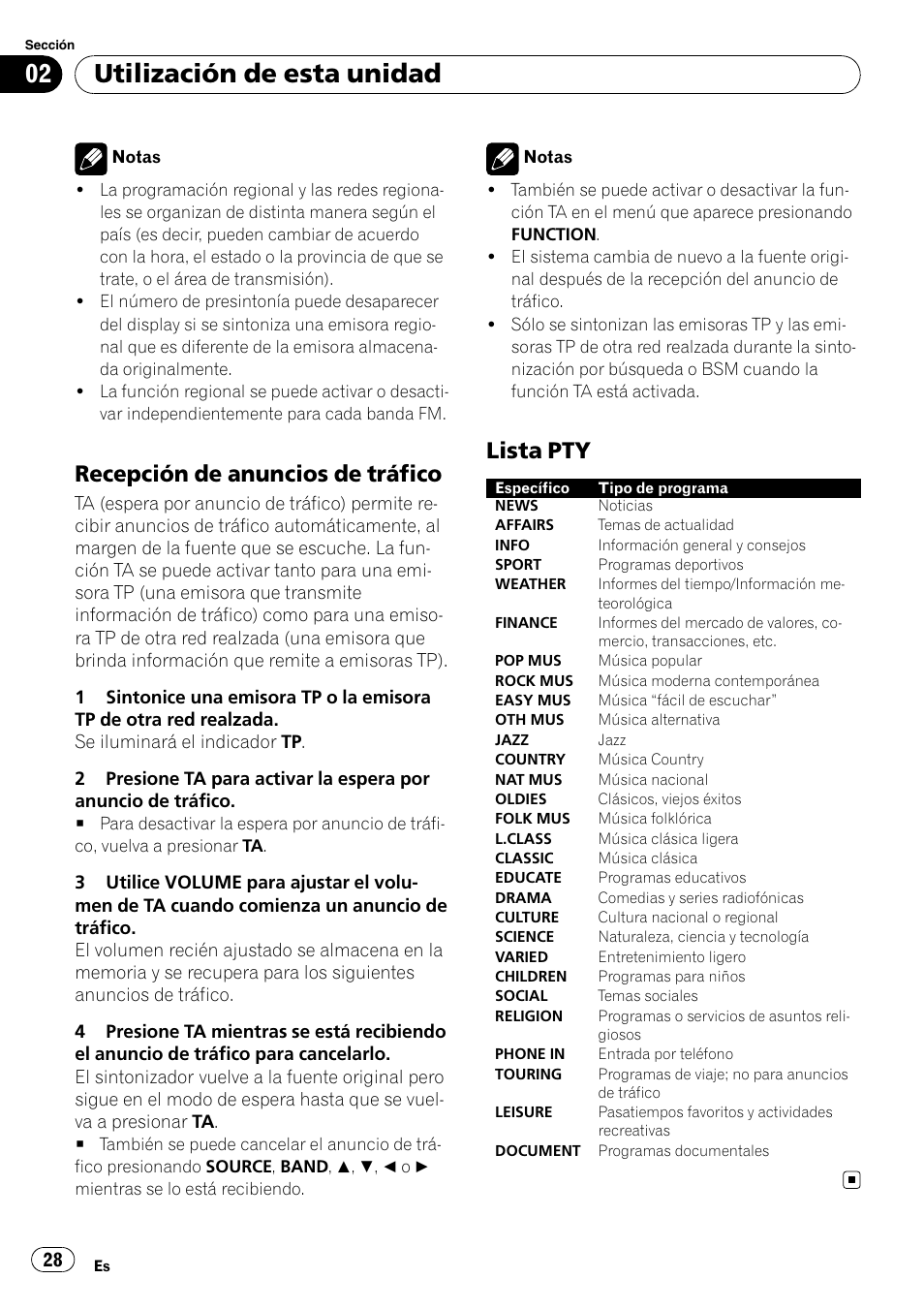 Recepción de anuncios de tráfico 28, Lista pty 28, Utilización de esta unidad | Recepción de anuncios de tráfico, Lista pty | Pioneer DEH-3900MP DE User Manual | Page 28 / 60