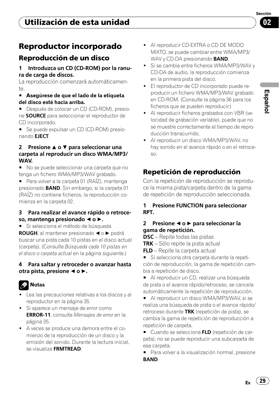 Reproductor incorporado, Reproducción de un disco 29, Repetición de reproducción 29 | Utilización de esta unidad, Reproducción de un disco, Repetición de reproducción | Pioneer DEH-3900MP DE User Manual | Page 29 / 60
