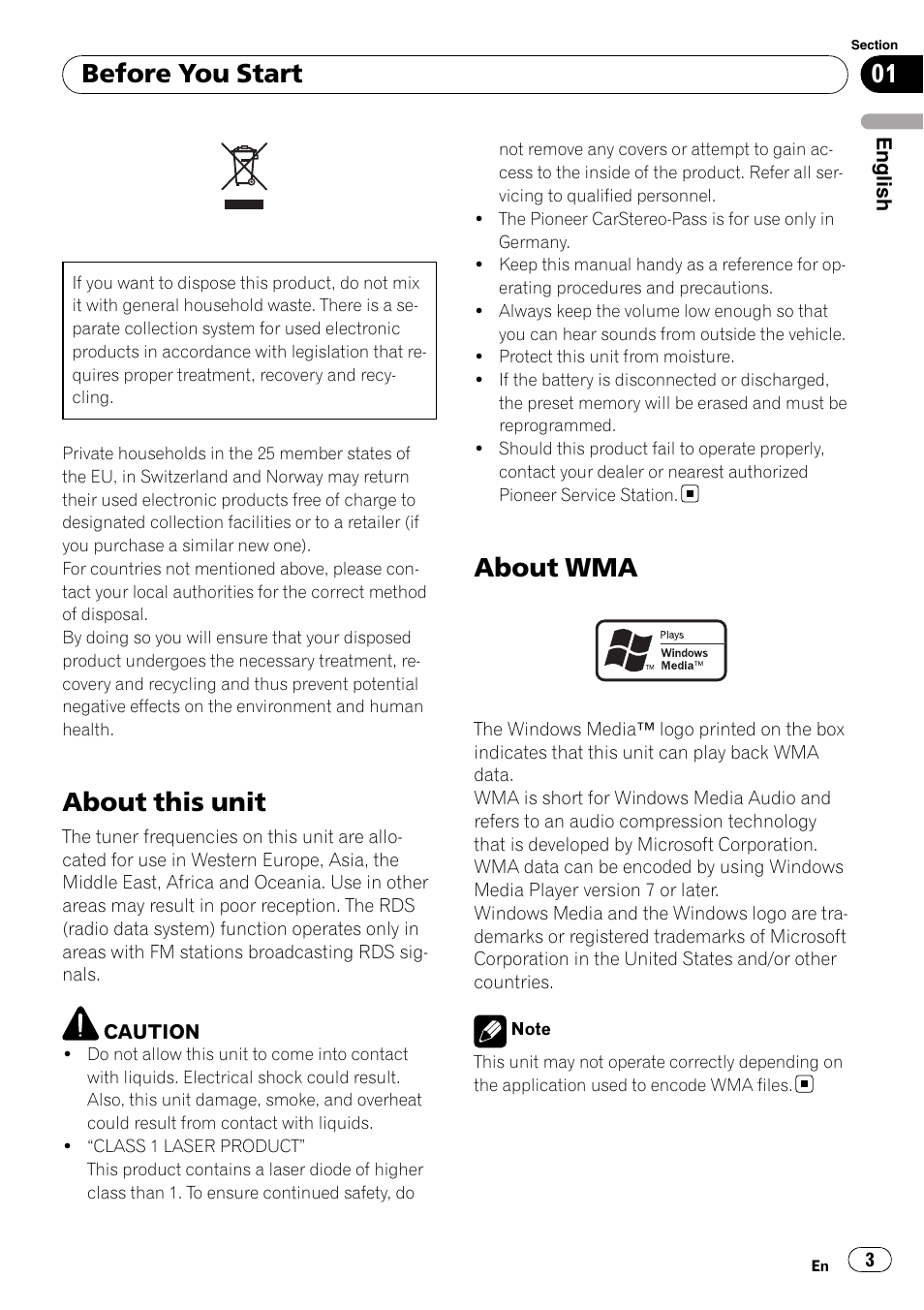 Before you start, About this unit, About wma | Pioneer DEH-3900MP DE User Manual | Page 3 / 60