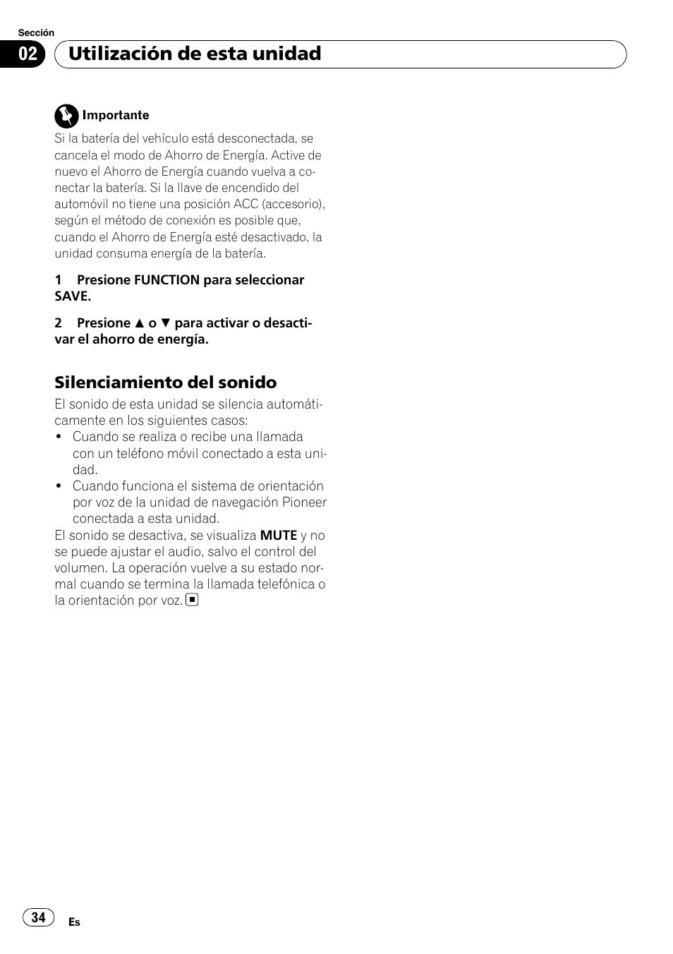 Silenciamiento del sonido 34, Utilización de esta unidad, Silenciamiento del sonido | Pioneer DEH-3900MP DE User Manual | Page 34 / 60