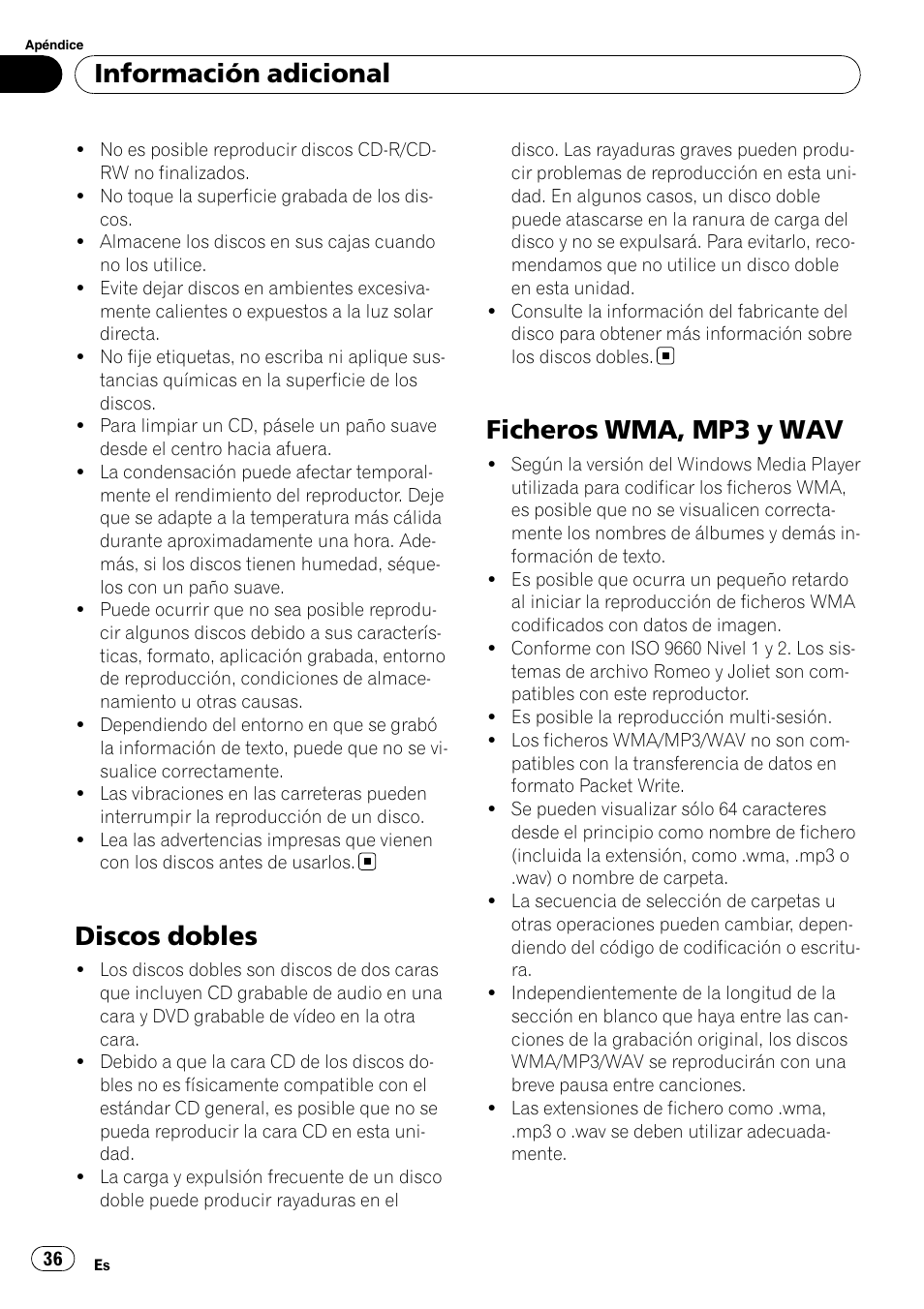 Discos dobles, Ficheros wma, mp3 y wav, Información adicional | Pioneer DEH-3900MP DE User Manual | Page 36 / 60